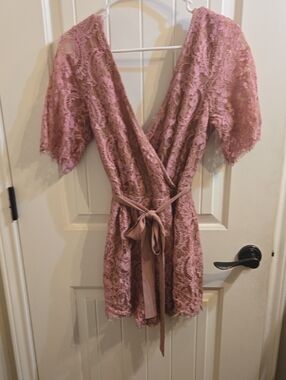 Trixxi Dusty Rose Lace Wrap Romper